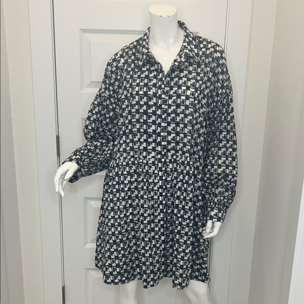 Cleobella Navy Blue and White Cabincore Checkered Long Sleeve Dress